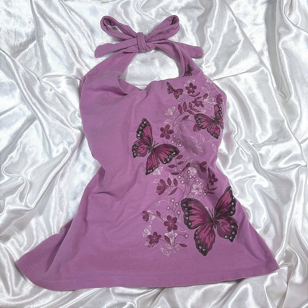 y2k Halter Top Purple Excellent Bongo Butterfly Rhinestone Graphic Tank Large